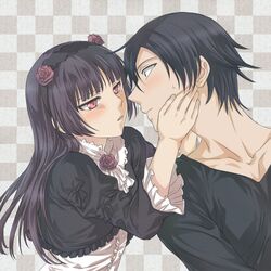  1boy black_hair blush commentary_request dress female flower gokou_ruri hairband imminent_kiss kousaka_kyousuke long_hair open_mouth ore_no_imouto_ga_konna_ni_kawaii_wake_ga_nai purple_flower purple_rose red_eyes rose short_hair sweat toryi 