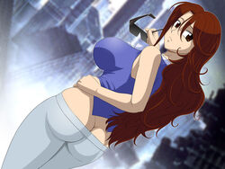  amber_eyes ass bare_shoulders breasts brown_eyes brown_hair butt_crack female glamour_works glasses gundam gundam_00 hand_on_hip huge_breasts impossible_clothes impossible_shirt large_breasts long_hair looking_back no_panties pants shirt sideboob solo standing sumeragi_lee_noriega sunglasses tank_top wavy_hair yellow_eyes 