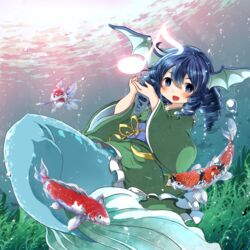  animal blue_eyes blue_hair blush commentary_request drill_hair eighth_note female fins fish head_fins japanese_clothes kimono koi mermaid mochizuki_usagi monster_girl musical_note obi sash touhou underwater wakasagihime wide_sleeves 