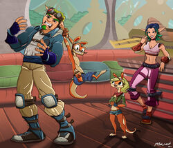  blonde_hair boots bottomwear breasts choker cleavage clothed clothing crazed20 daxter denim denim_bottomwear denim_clothing ear_pull elf eyewear female footwear goggles green_clothing green_shirt green_topwear group hair humanoid jak_(jak_and_daxter) jak_and_daxter jeans jewelry keira_(jak_and_daxter) mammal midriff multicolored_hair mustelid naughty_dog navel necklace ottsel pain pants purple_bottomwear purple_clothing purple_pants shirt size_difference sony_corporation sony_interactive_entertainment teal_hair tess_(jak_and_daxter) topwear two_tone_hair 