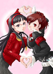  2girls amagi_yukiko black_eyes black_hair breast_press breasts brown_hair commentary_request gekkoukan_high_school_uniform glasses hairband heart heart_hands heart_hands_duo highres long_hair medium_breasts multiple_girls persona persona_3 persona_3_portable persona_4 red_eyes school_uniform serafuku shiomi_kotone symmetrical_docking yaso_shigeru 