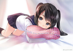  artist_name bad_id bad_pixiv_id bed_sheet black_skirt black_socks blue_eyes blush commentary curtains female foreshortening frilled_pillow frills hanekoto head_tilt hugging_object imouto_(hanekoto) kneehighs long_hair long_sleeves looking_at_viewer original perspective pillow pillow_hug polka_dot_pillow school_uniform serafuku shirt skirt socks solo tareme thighs twintails twitter_username white_shirt 