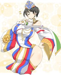  bare_shoulders black_hair breasts brown_eyes cap detached_sleeves female female hat large_breasts mound_of_venus no_panties sengoku_taisen short_hair sideboob solo wedge wide_hips wink 