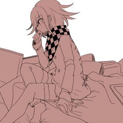  1boy checkered_clothes checkered_scarf commentary_request danganronpa_(series) danganronpa_v3:_killing_harmony male_focus medium_hair oma_kokichi scarf solo straitjacket tumai_(touue11) 