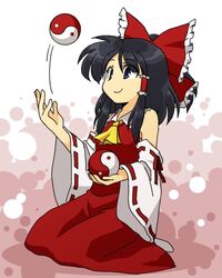  ascot black_hair blue_eyes bow commentary_request detached_sleeves female hairbow hakurei_reimu hanjuku_tomato juggling no_nose ponytail red_bow seiza sitting smile solo touhou yin_yang 