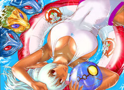  afloat ball beachball breasts cameo cleavage dark_skin from_above innertube kamitsuki_manmaru large_breasts looking_up lying mag_(phantasy_star) monster one-piece_swimsuit phantasy_star phantasy_star_online pig_ray pointy_ears ponytail red_ring_rico sil&#039;fer solo swimsuit tube water 