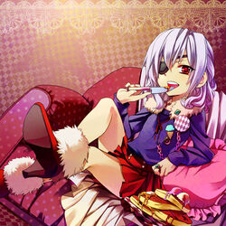  bad_id bad_pixiv_id eyepatch female food high_heels highres inazuma_eleven inazuma_eleven_(series) pancake photoshop_(medium) red_eyes shoes short_hair solo zanunoneko 