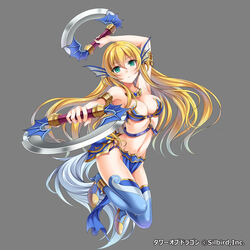  absurdres armor armpits bikini_armor blonde_hair blue_thighhighs breasts cleavage commentary_request female full_body green_eyes grey_background hair_between_eyes highres holding holding_weapon long_hair looking_at_viewer medium_breasts navel photoshop_(medium) simple_background solo thighhighs tower_of_dragon violetshit weapon 