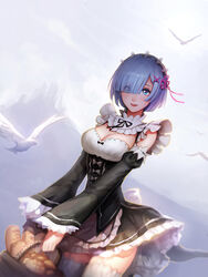  animal apron bare_shoulders black_dress blue_eyes blue_hair bread commentary_request day detached_collar detached_sleeves dress female food fooltown garter_straps hair_over_one_eye highres lips long_arms long_sleeves looking_at_viewer maid open_mouth outdoors photoshop_(medium) re:zero_kara_hajimeru_isekai_seikatsu rem_(re:zero) roswaal_mansion_maid_uniform short_dress short_hair smile solo thighhighs tongue waist_apron white_thighhighs wide_sleeves 