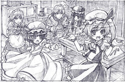  1boy 4girls armor battletech blush board_game book bow bracelet braid buront commentary_request crescent dice final_fantasy final_fantasy_xi flandre_scarlet graphite_(medium) greyscale hairbow hands hat hatching_(texture) izayoi_sakuya jewelry linear_hatching long_hair maid maid_headdress monochrome multiple_girls no_wings patchouli_knowledge pencil playing_games pointing reading remilia_scarlet room sakino_shingetsu short_hair shrugging side_ponytail smile sweatdrop table tabletop_rpg tears the_iron_of_yin_and_yang touhou traditional_media twin_braids wrist_cuffs 