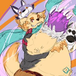  1:1 belly big_belly canid canine canis clothing costume cu_sith_(tas) domestic_dog halloween holidays lifewonders male mammal paws pose red_eyes scarf slightly_chubby solo tokyo_afterschool_summoners yuuya333 