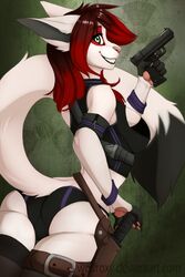  anthro ass bad_trigger_discipline black_lips bottomwear bra breasts butt_pose clothed clothing digital_media_(artwork) dutch_angle felid female fur green_eyes gun hair handgun hotpants knife legwear lips looking_at_viewer looking_back low-angle_view mammal pink_nose pistol pose punky ranged_weapon red_hair shorts side_boob smile solo sports_bra thigh_gap thigh_highs underwear weapon wolflady 