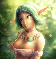  2012 big_breasts breasts choker cleavage clothed clothing detailed_background elf eyewear female forest goggles green_eyes hair half-length_portrait humanoid jak_and_daxter jewelry keira_(jak_and_daxter) lens_flare lips naughty_dog necklace nipple_outline not_furry off_shoulder outside plant portrait shirt smile solo sony_corporation sony_interactive_entertainment teal_hair topwear tree white_clothing white_shirt white_topwear yuqoi 