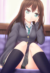  aqua_eyes bad_id bad_pixiv_id black_panties brown_hair cardigan female highres idolmaster idolmaster_cinderella_girls kneehighs long_hair necktie noshimasa panties panty_peek pantyshot photoshop_(medium) plaid plaid_necktie school_uniform shibuya_rin sitting skirt socks solo underwear 