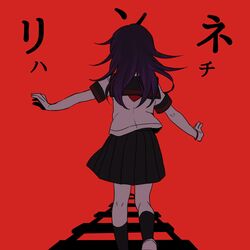  blue_skirt commentary_request danganronpa_(series) danganronpa_v3:_killing_harmony female genderswap_(mtf) lynne_(vocaloid) oma_kokichi outstretched_arms parody pleated_skirt purple_hair railroad_tracks red_background rule_63 school_uniform skirt song_name translation_request tumai_(touue11) 