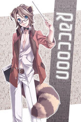  1boy animal_ears bad_id bad_pixiv_id blue_eyes brown_hair glasses looking_at_viewer male_focus pointer raccoon_(trickster) raccoon_ears raccoon_tail smile solo tail trickster_(ntreev_soft) yuetsuki_(ash) 