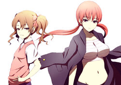  2girls bandaged_chest bandages breasts brown_eyes brown_hair brown_sweater_vest chest_sarashi coat commentary_request hair_ribbon jacket jacket_on_shoulders kirigaoka_girls&#039;_academy_school_uniform large_breasts midriff multiple_girls musujime_awaki navel no_emblem no_shirt open_clothes open_jacket photoshop_(medium) red_eyes red_hair ribbon sarashi school_uniform shirai_kuroko small_breasts standing stomach summer_uniform sweater_vest toaru_majutsu_no_index toaru_majutsu_no_index:_old_testament tokiwadai_school_uniform twintails upper_body wakame winter_uniform 