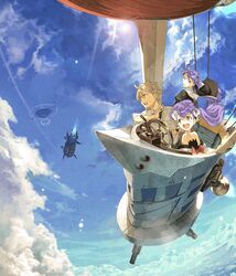  1boy 2girls :d aircraft airship clain_(fractale) cloud day dirigible fantasy flying fractale hidari_(left_side) long_hair multiple_girls nessa_(fractale) official_art open_mouth phryne_(fractale) purple_eyes purple_hair ribbon scenery sky smile steampunk sun twintails vehicle_focus 