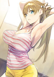  armpits arms_up blonde_hair blue_eyes blush breasts commentary_request female hair_lift hair_ribbon highres large_breasts long_hair mariana_princilla parted_lips photoshop_(medium) reco_love reco_love_gold_beach ribbon shimotsuki_eight short_shorts shorts signature solo striped tank_top 