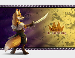  anthro armello canid canine clothed clothing english_text female fox league_of_geeks mammal melee_weapon rear_view scarlet_(armello) smile solo sword temrin text weapon yellow_eyes 