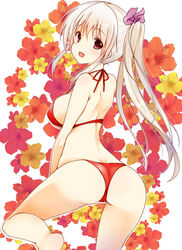  ass bikini blonde_hair bow commentary_request female gatakenjin hairbow long_hair looking_back original photoshop_(medium) red_bikini red_eyes side_ponytail silver_hair solo strap_gap swimsuit 