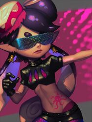  bellhenge black_gloves black_hair callie_(splatoon) commentary crop_top earrings english_commentary female gloves inkling jewelry lipstick long_hair makeup midriff mole mole_under_eye multicolor-tinted_eyewear navel object_on_head official_alternate_costume paint.net_(medium) pantyhose pointy_ears rainbow-tinted_eyewear red_lips short_eyebrows short_shorts short_sleeves shorts smile solo splatoon_(series) splatoon_2 stomach_tattoo sunglasses tattoo tentacle_hair tinted_eyewear very_long_hair visor 