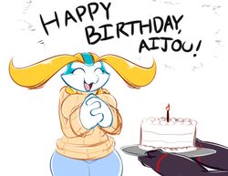  2016 aijou anthro averyshadydolphin big_breasts birthday birthday_cake blonde_hair breasts cake candle clothing dessert dragon duo female food hair happy jou markings mythological_creature mythological_scalie mythology non-mammal_breasts scalie yaojou 