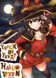  absurdres bandaged_leg bandages belt black_hair button_eyes buttons cape chomusuke collar commentary_request dress feline female fingerless_gloves gloves halloween hat highres kono_subarashii_sekai_ni_shukufuku_wo! looking_at_viewer megumin night oooqqq red_dress red_eyes short_hair_with_long_locks single_thighhigh smile thighhighs trick_or_treat witch_hat 