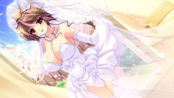  breasts brown_hair cleavage game_cg hinamidori_chouko nakano_sora necklace petals pochi_to_goshujin-sama skirt skirt_lift skyfish stockings wedding_attire 