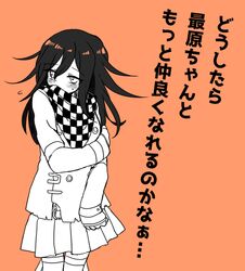  blush checkered_clothes checkered_scarf commentary_request danganronpa_(series) danganronpa_v3:_killing_harmony female genderswap_(mtf) oma_kokichi orange_background pleated_skirt rule_63 scarf skirt solo straitjacket translation_request tumai_(touue11) 