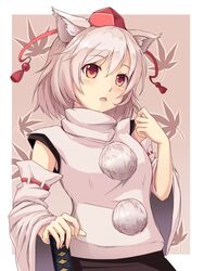  animal_ears armpit_peek bad_id bad_twitter_id blush commentary detached_sleeves female hat inubashiri_momiji long_sleeves looking_at_viewer nekomiyanono parted_lips pom_pom_(clothes) red_eyes short_hair solo tokin_hat touhou upper_body white_hair wide_sleeves wolf_ears 