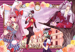  alice_(wonderland) alice_(wonderland)_(cosplay) alice_in_wonderland animal_ears bad_id bad_pixiv_id banned_artist bare_shoulders blue_eyes boots bow braid bunny_ears bunny_tail cheshire_cat cheshire_cat_(cosplay) choker city clock cosplay earrings flower fujiwara_no_mokou gears gloves green_hair hairband hairbow hat high_heels in_tree izayoi_sakuya jewelry long_hair looking_back mad_hatter mad_hatter_(cosplay) mini_hat mini_top_hat multicolored multicolored_nails multiple_girls nail_art nail_polish necklace pants pocket_watch ponytail purple_hair purple_nails red_eyes reisen_udongein_inaba ribbon ring rod_of_remorse rose shiki_eiki shoes short_hair silver_hair sitting sitting_in_tree striped tail tattoo top_hat touhou town tree twin_braids very_long_hair watch wrist_cuffs yuuka_nonoko 