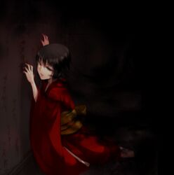  bad_id bad_pixiv_id black_hair blood dark death dying_message fatal_frame fatal_frame_2 female ghost japanese_clothes kimono koko_(oyasuminasai) red_kimono shadow short_hair solo tachibana_chitose tears writing 