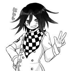  1boy checkered_clothes checkered_scarf commentary_request danganronpa_(series) danganronpa_v3:_killing_harmony greyscale male_focus medium_hair monochrome oma_kokichi scarf smile solo straitjacket tumai_(touue11) 