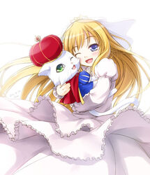  blonde_hair crown dress feline female hug kazami_haruki long_hair one_eye_closed original photoshop_(medium) solo 