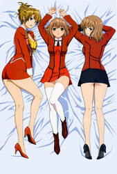  3girls age_comparison agent_aika aika_(series) aika_r-16 aika_zero aqua_eyes arms_up ass bed_sheet black_footwear black_necktie black_skirt blue_eyes blush boots braid breasts brooch brown_footwear brown_hair bustier collar dakimakura_(medium) detached_collar double_vertical_stripe dress earrings folded_ponytail full_body green_eyes hair_between_eyes high_heels highres jacket jewelry kneepits large_breasts legs long_hair long_sleeves lying makeup medium_breasts multiple_girls multiple_persona necktie official_art on_back on_side on_stomach open_mouth panties panty_peek pantyshot pencil_skirt photoshop_(medium) red_dress red_footwear red_jacket red_lips red_skirt shiny_footwear shirt shoes short_hair side_braid single_braid skirt sleeve_cuffs small_breasts sumeragi_aika take_your_pick thighhighs thighs time_paradox twisted_torso underwear white_collar white_legwear white_panties white_shirt yamauchi_noriyasu yellow_bustier 