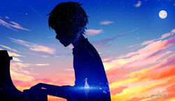  1boy arima_kousei artist_name blonde_hair bow_(music) cloud commentary_request double_exposure female from_side instrument miyazono_kawori moon orange_sky outline photoshop_(medium) piano sanaa shigatsu_wa_kimi_no_uso shooting_star short_hair silhouette sky spoilers upper_body violin 