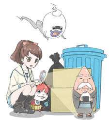  box brown_hair cardboard_box commentary_request drooling eating facial_hair feline female flame-tipped_tail floating food food_on_face geta ghost haramaki high_ponytail himojii japanese_clothes jibanyan kimono kodama_fumika long_hair mochiyanagi moustache notched_ear onigiri open_mouth pendant_watch purple_lips saliva simple_background squatting tail traditional_youkai trash_bag trash_can watch whisper_(youkai_watch) white_background white_hair youkai_(youkai_watch) youkai_watch youkai_watch_(object) 