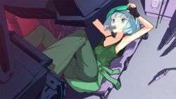  armpits blue_eyes blue_hair cable casual commentary_request female fingerless_gloves gloves goggles kawashiro_nitori machine mouth_hold pants short_hair solo sweat tank_top touhou two_side_up yamadori_seika 