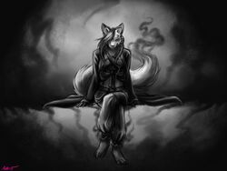  2015 4:3 abstract_background anthro canid canine clothed clothing conditional_dnp digital_media_(artwork) female fox kumo_(ratte) legacy_(ratte) looking_at_viewer magic mammal mask ratte smile solo wraith 