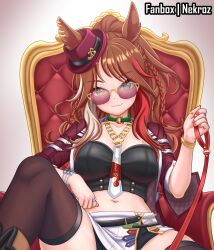  absurdres animal_ears breasts brown_hair chain_necktie checkered_collar choker commentary_request cropped ears_through_headwear fedora female forever_young_(racing)_(umamusume) forever_young_(umamusume) green_choker green_eyes hat highres horse_ears horse_girl jacket jewelry lashers long_hair looking_at_viewer mismatched_ear_covers multicolored_hair necktie nekroz7 out-of-frame_censoring purple-tinted_eyewear red-tinted_eyewear red_jacket red_streaks shirt skirt smile solo streaked_hair sunglasses tinted_eyewear umamusume white_necktie white_skirt white_streaks 