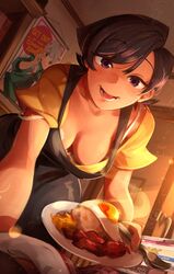  2022 apron bacon big_breasts black_hair breakfast breast_focus breasts characterful cleavage eggs eromanga_sensei female food khyleri komi-san_wa_komyushou_desu komi_shuuko leaning_forward looking_at_viewer mature mature_female milf morning mother offering_food painting_(artwork) purple_eyes realistic_breast_size short_hair smiling_at_viewer tagme wholesome 