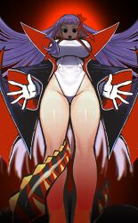  absurdres bare_shoulders bat_wings bb_(fate) bb_(swimsuit_mooncancer)_(fate) bb_(swimsuit_mooncancer)_(third_ascension)_(fate) black_coat breasts coat fate/grand_order fate_(series) female gloves hair_ribbon highleg highleg_leotard highres large_breasts leotard long_hair looking_at_viewer neck_ribbon open_clothes open_coat open_mouth popped_collar purple_hair red_ribbon ribbon smile solo takustorage tentacle thighs very_long_hair white_gloves white_leotard wings 