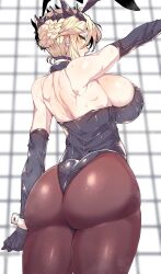  animal_ears arm_up artoria_pendragon_(fate) artoria_pendragon_(lancer_alter)_(fate) ass back backless_leotard bare_shoulders black_gloves black_leotard blonde_hair braid braided_bun breasts brown_pantyhose commentary_request cowboy_shot elbow_gloves fake_animal_ears fate/grand_order fate_(series) female from_behind gloves green_eyes hair_bun highres large_breasts leotard looking_at_viewer looking_back pantyhose playboy_bunny rabbit_ears short_hair sideboob solo standing strapless strapless_leotard sweat wakura_(gcdan) 