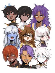  3girls 6+boys arjuna_(fate) arjuna_alter_(fate) ashwatthama_(fate) bare_shoulders bhima_(fate) black_eyes black_hair black_shirt blue_eyes blue_skin blue_vest blush bow brown_eyes brown_hair closed_eyes collar colored_skin dark-skinned_male dark_skin dress duryodhana_(fate) earrings elephant_hat facial_mark fate/grand_order fate_(series) forehead_mark ganesha_(fate) glasses grin hair_ribbon hairbow highres horns indian_clothes jacket jewelry jinako_carigiri kali_(fate) kama_(fate) kama_(first_ascension)_(fate) karna_(fate) long_hair long_sleeves looking_at_viewer metal_collar multicolored_hair multiple_boys multiple_girls neck_ring necklace nyokinyoki_18 open_mouth pale_skin parted_bangs pink_hair purple_dress purple_eyes purple_hair red_eyes red_hair ribbon shirt short_hair smile spiked_collar spikes two-tone_hair vest white_hair white_jacket yellow_eyes yellow_shirt 