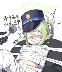  arms_behind_back bandages blindfold blue_archive chinese_commentary cropped crying green_hair juzi_(orange8619) midriff motion_lines mummification_(bound) mummy navel nozomi_(blue_archive) reclining restrained stomach tears 