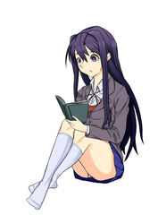  blue_skirt book doki_doki_literature_club female female_only long_hair long_hair_female matching_hair/eyes matching_hair_and_eye_color panties pantyshot pink_panties purple_eyes purple_hair reading reading_book skirt socks superorangeishere thighs underwear upskirt yuri_(doki_doki_literature_club) 