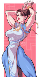  1girls armpits arms_up asian asian_female big_breasts brown_eyes brown_hair capcom chun-li clothed clothed_female clothes clothing female female_only fully_clothed long_legs martial_arts moiyablochki muscle_arms muscular_female red_lipstick solo street_fighter street_fighter_6 thick_thighs thunder_thighs 