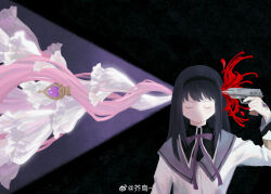  absurdres akemi_homura black_background black_capelet black_hair black_hairband bow bowtie capelet closed_eyes closed_mouth collared_capelet dress expressionless eyelashes female flower gem gun gun_to_head hairband handgun highres holding holding_gun holding_weapon kaname_madoka ksline0930 layered_sleeves long_hair long_sleeves magical_girl mahou_shoujo_madoka_magica mahou_shoujo_madoka_magica_(anime) purple_bow purple_bowtie purple_capelet purple_gemstone red_flower sidelocks simple_background solo soul_gem spider_lily straight-on straight_hair two-tone_capelet ultimate_madoka upper_body weapon weibo_watermark white_dress 