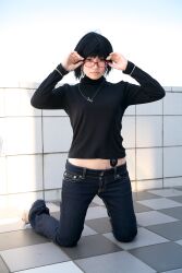  cosplay denim glasses highres hunter_x_hunter jeans naito pants photo shizuku shizuku_(hunter_x_hunter) turtleneck 